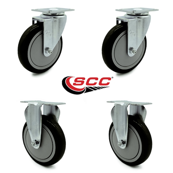 5 Inch Black Polyurethane Wheel Swivel Top Plate Caster Set with 2 Rigid SCC